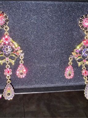 Heidi Daus Gold-Tone Pink & Purple Crystal Filigree Chandelier Earrings